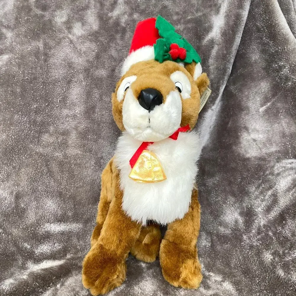Vintage Reindeer Plush Christmas Stuffed Animal Wearing Santa Hat Toy TAGS